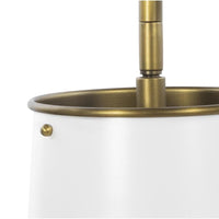 White tapered cylinder pendant light with natural brass accents and hardware.