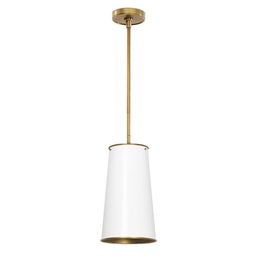 Hattie white tapered cylinder pendant light with natural brass accents and a sleek, modern traditional design.