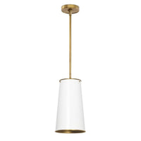 Hattie white tapered cylinder pendant light with natural brass accents and a sleek, modern traditional design.