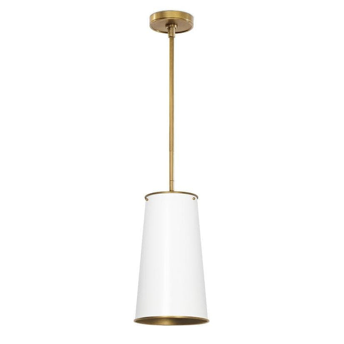 Hattie white tapered cylinder pendant light with natural brass accents and a sleek, modern traditional design.