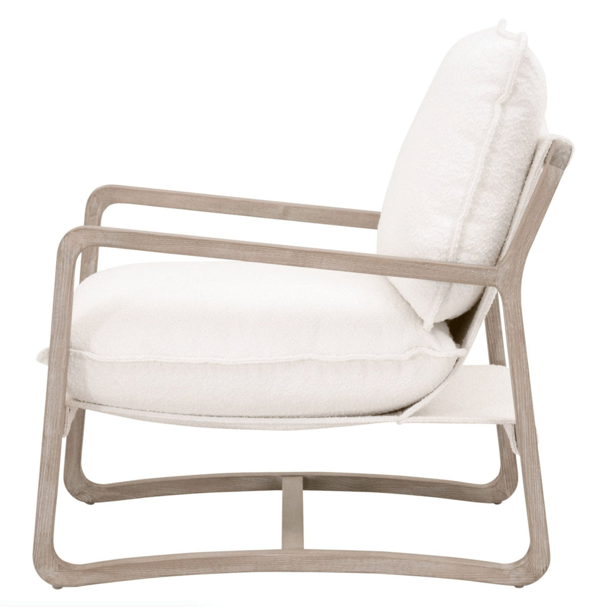 Hayberry Boucle & Gray Oak Club Chair with white boucle cushions and a light wood sled base.