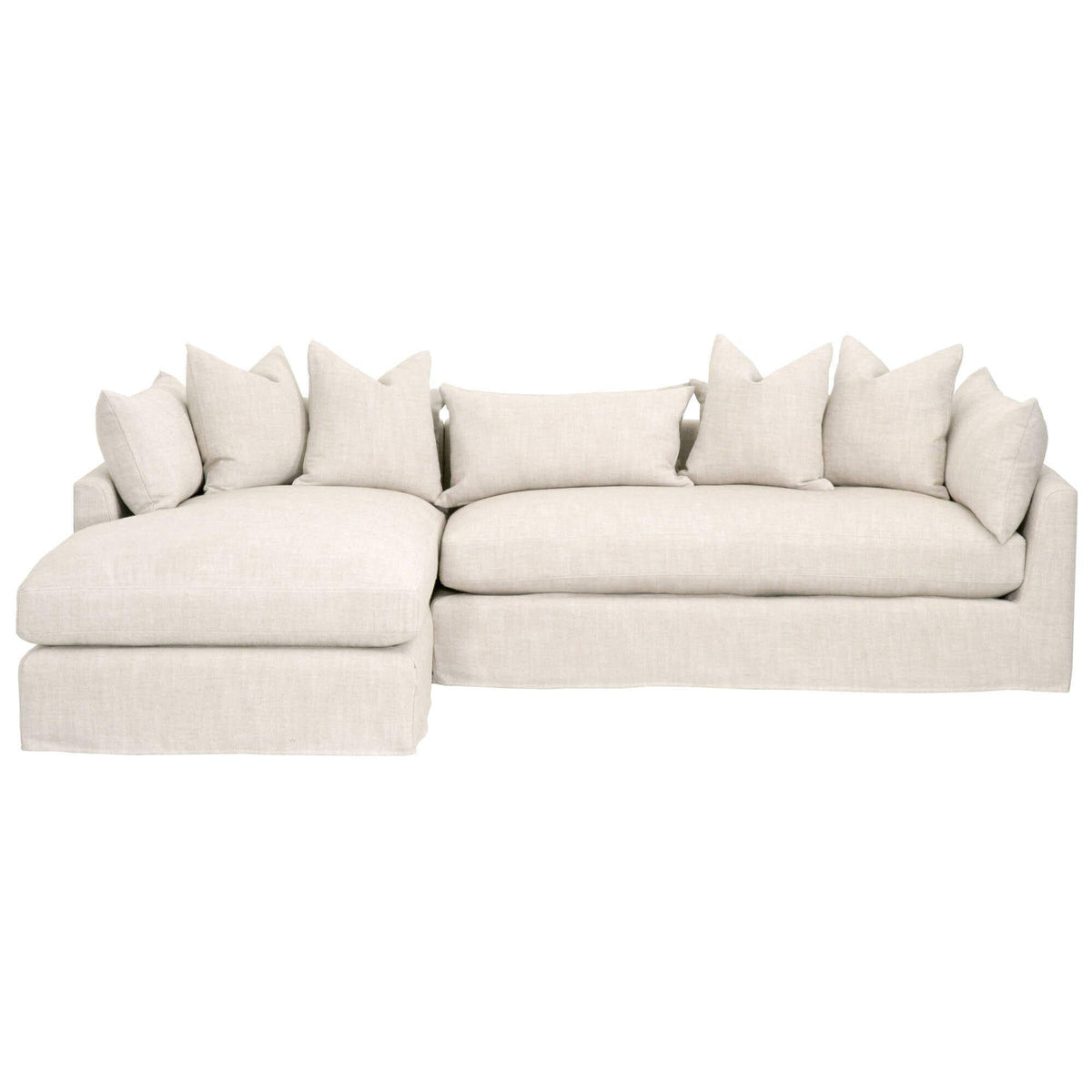 Hayberry transitional slipcover sectional in light linen-polyester blend, with a left-arm chaise and plush cushions.