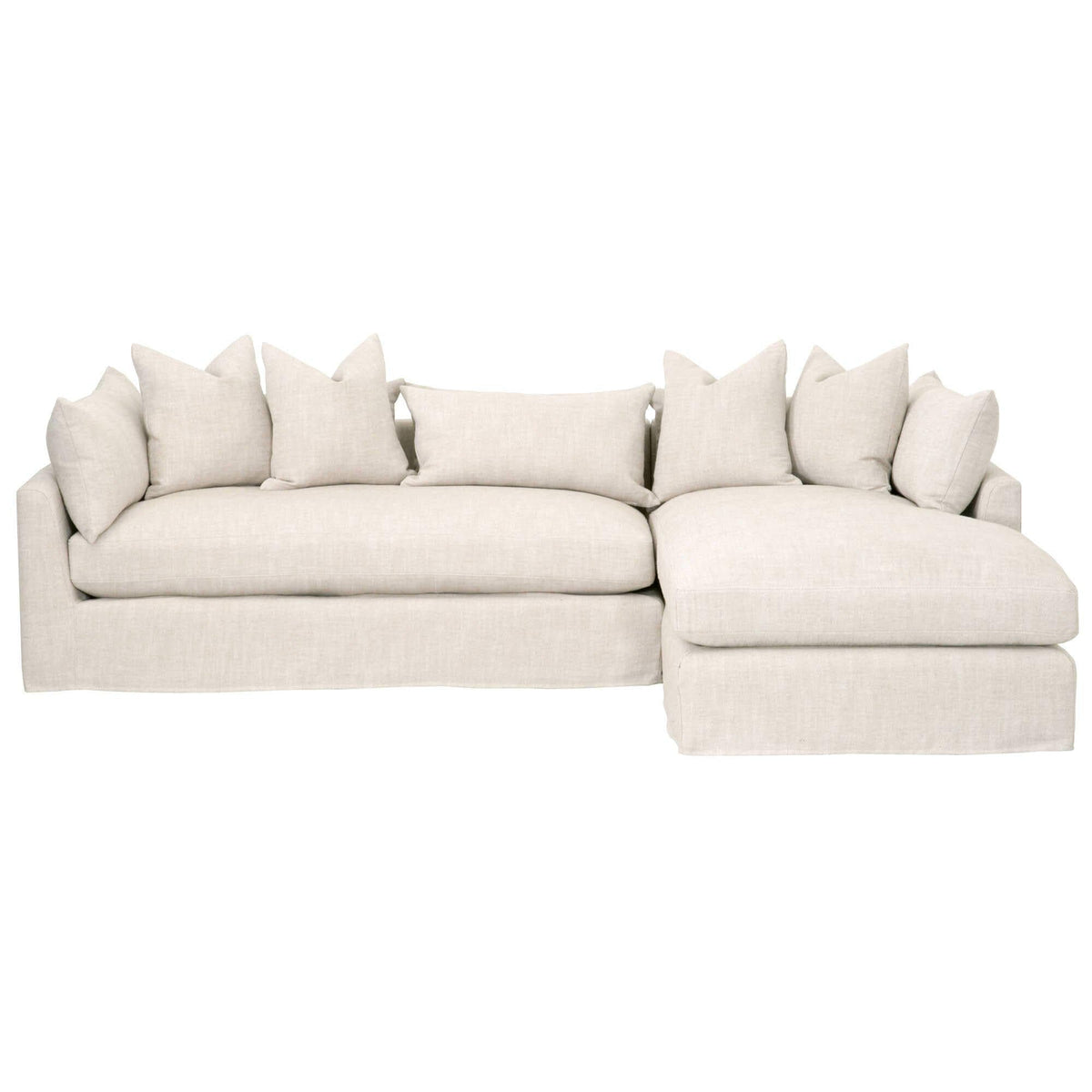 Hayberry Slipcover Sectional: Light beige linen blend sectional with a right-arm facing chaise and plush cushions.