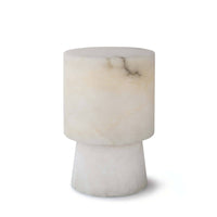 Hazel Alabaster Uplight Lamp: a cylindrical, translucent white alabaster lamp with subtle veining, 8.5" tall.