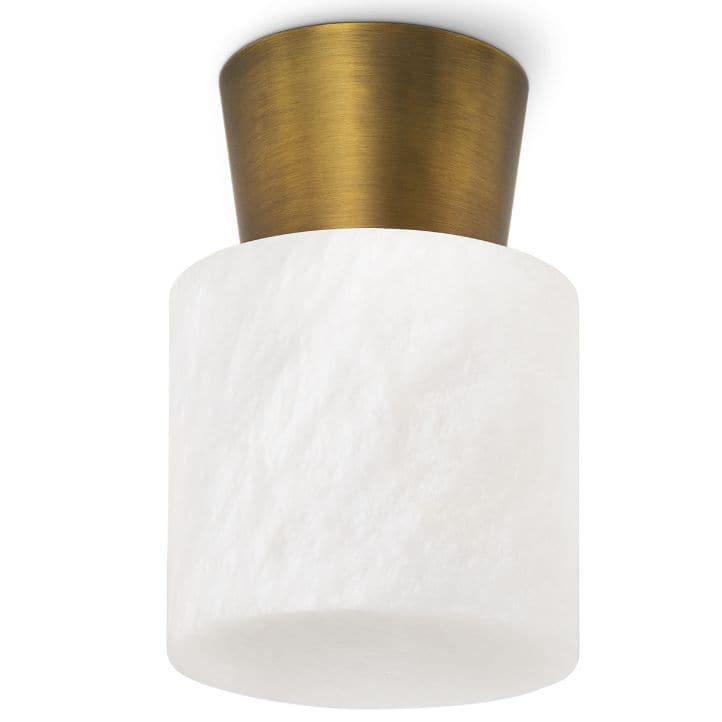 Hazel Natural Brass Alabaster Flush Mount: Mid-Century Modern light with a brass base and glowing alabaster cylinder.