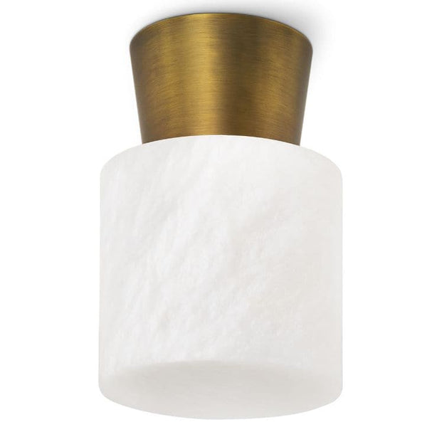 Hazel Natural Brass Alabaster Flush Mount: Mid-Century Modern light with a brass base and glowing alabaster cylinder.