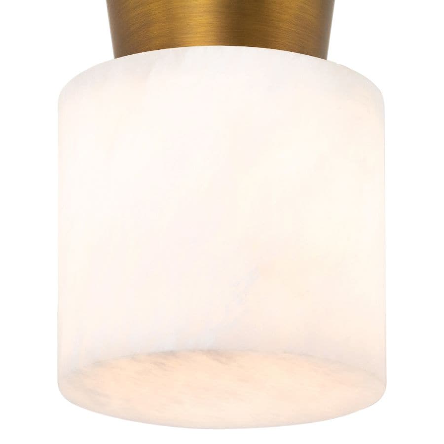 Hazel Natural Brass Alabaster Flush Mount: Mid-Century Modern light with glowing white alabaster cylinder and brass base.