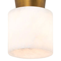 Hazel Natural Brass Alabaster Flush Mount: Mid-Century Modern light with glowing white alabaster cylinder and brass base.