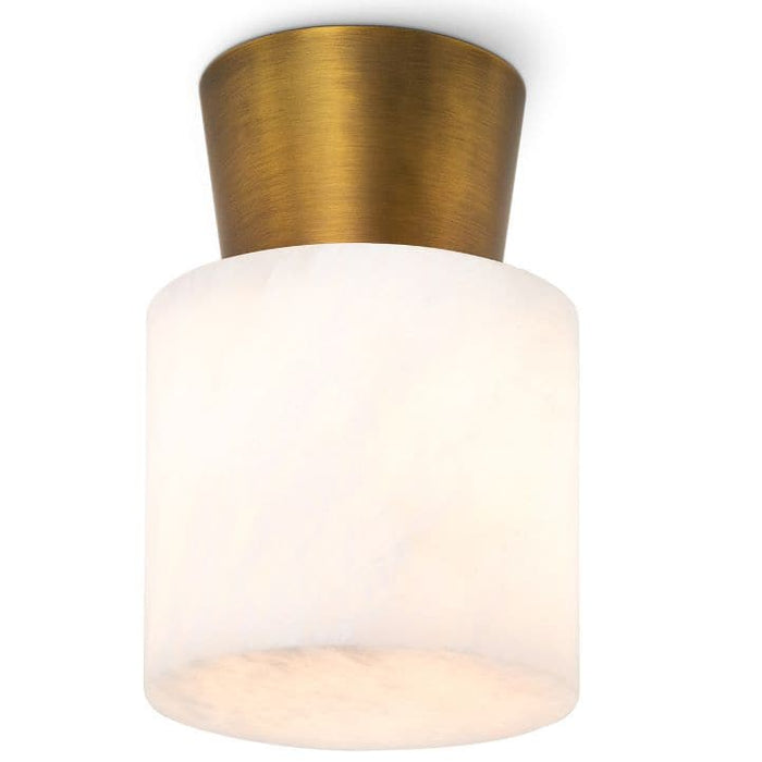 Hazel Natural Brass Alabaster Flush Mount light fixture with a cylindrical alabaster shade and brass base.