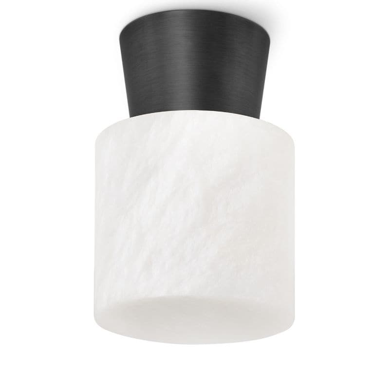 Hazel Oil Rubbed Bronze Alabaster Flush Mount with a dark bronze base and glowing white alabaster cylinder.
