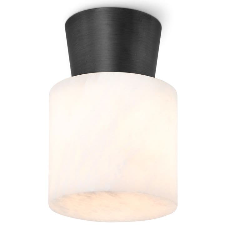 Hazel Oil Rubbed Bronze Alabaster Flush Mount light fixture with a dark bronze base and glowing white alabaster cylinder.