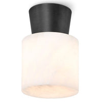 Hazel Oil Rubbed Bronze Alabaster Flush Mount light fixture with a dark bronze base and glowing white alabaster cylinder.