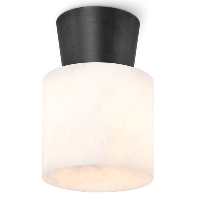 Hazel Oil Rubbed Bronze Alabaster Flush Mount light fixture with a dark bronze base and glowing white alabaster cylinder.