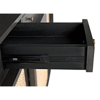 Close-up of a dark mahogany Hermosa sideboard drawer, open to reveal black interior and metal glides.