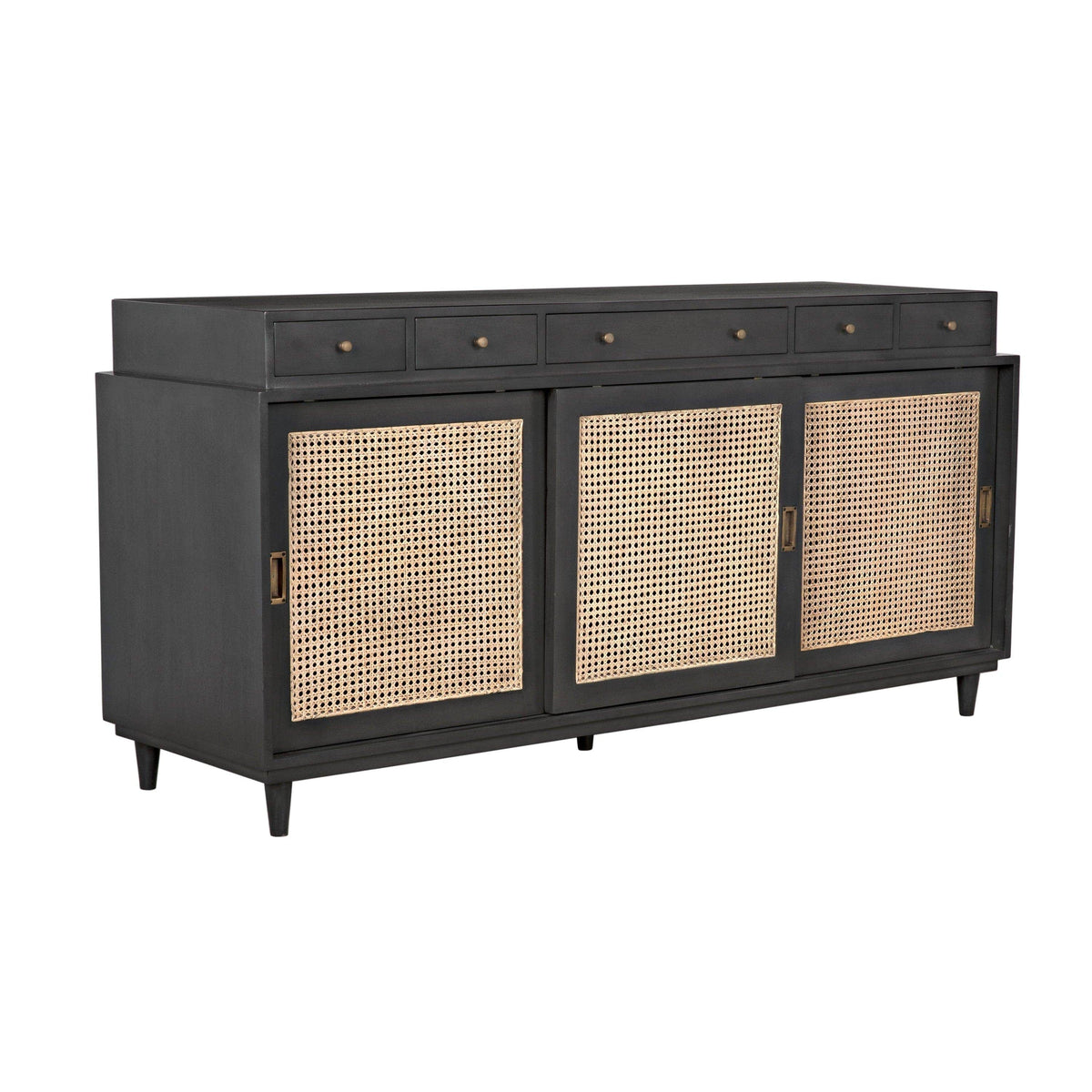 Dark mahogany Hermosa sideboard with five drawers, three caned sliding doors, and mid-century legs.