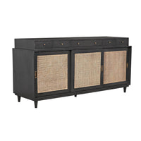 Dark mahogany Hermosa sideboard with five drawers, three caned sliding doors, and mid-century legs.