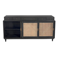 Dark mahogany Hermosa sideboard with five drawers, caned sliding doors, and mid-century legs.