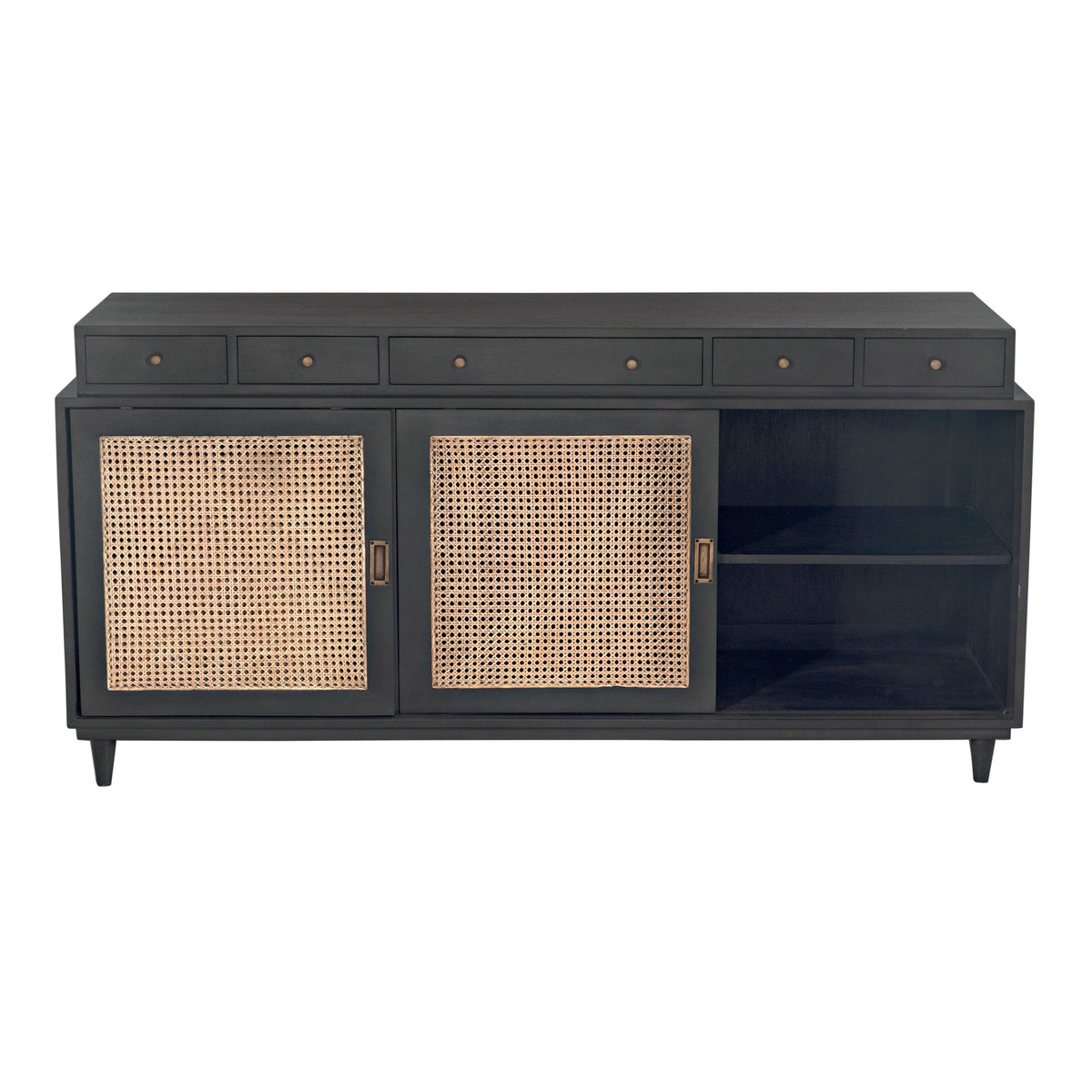 Dark mahogany sideboard with five drawers, caned sliding doors, and mid-century legs.