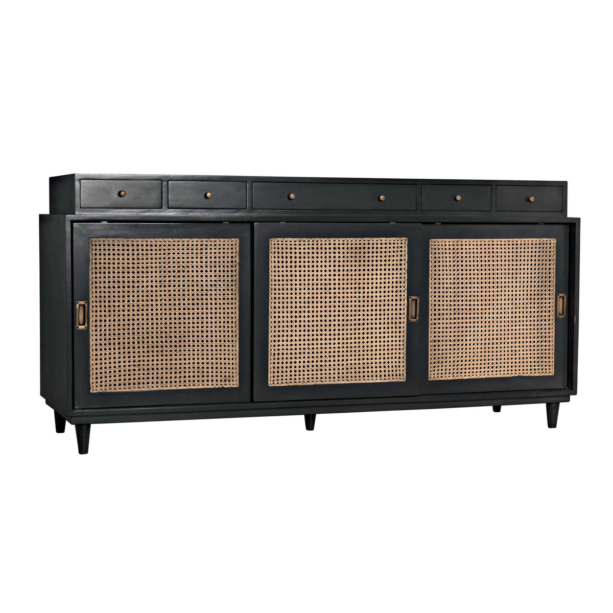Dark mahogany Hermosa sideboard with five drawers, three caned cupboards, and mid-century legs.