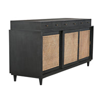 Dark mahogany sideboard with five drawers, caned sliding doors, and mid-century legs.