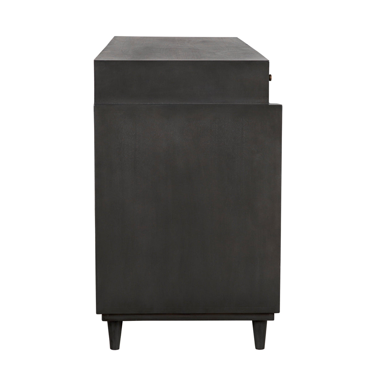 Dark mahogany Hermosa Sideboard with mid-century legs, caned cupboards, and five drawers.