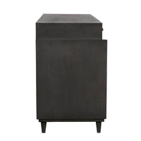 Dark mahogany Hermosa Sideboard with mid-century legs, caned cupboards, and five drawers.