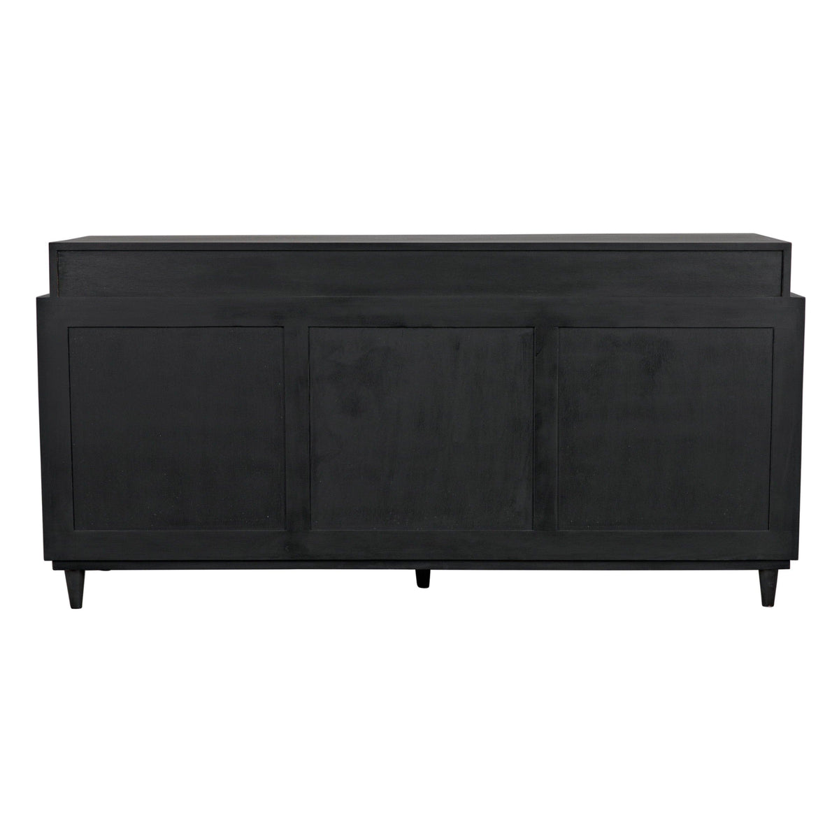 Dark mahogany Hermosa sideboard with mid-century legs, featuring three paneled doors.