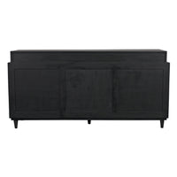 Dark mahogany Hermosa sideboard with mid-century legs, featuring three paneled doors.