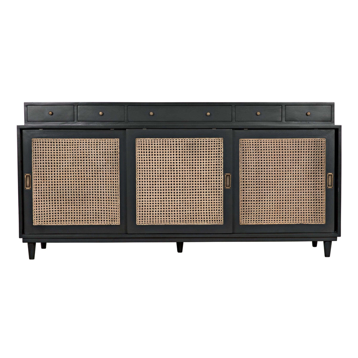 Dark mahogany Hermosa sideboard with caned cupboards, five drawers, and mid-century modern legs.