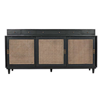 Dark mahogany Hermosa sideboard with caned cupboards, five drawers, and mid-century modern legs.