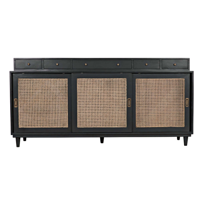 Dark mahogany Hermosa sideboard with caned cupboards, five drawers, and mid-century modern legs.