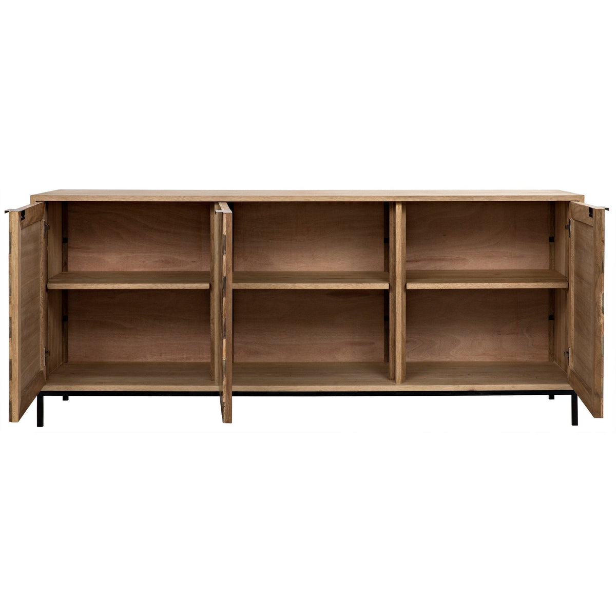 Open herringbone sideboard with three cupboards, washed and dark walnut strips, and a metal base.