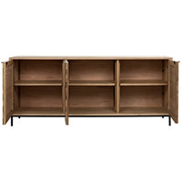 Open herringbone sideboard with three cupboards, washed and dark walnut strips, and a metal base.
