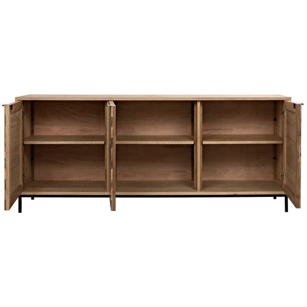 Open herringbone sideboard with three cupboards, washed and dark walnut strips, and a metal base.