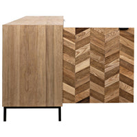 Walnut herringbone sideboard with washed and dark wood finishes, three cupboards, and a metal base.
