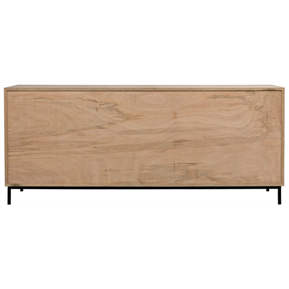 Light wood sideboard with a simple, modern design and a black metal base.
