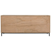 Light wood sideboard with a simple, modern design and a black metal base.
