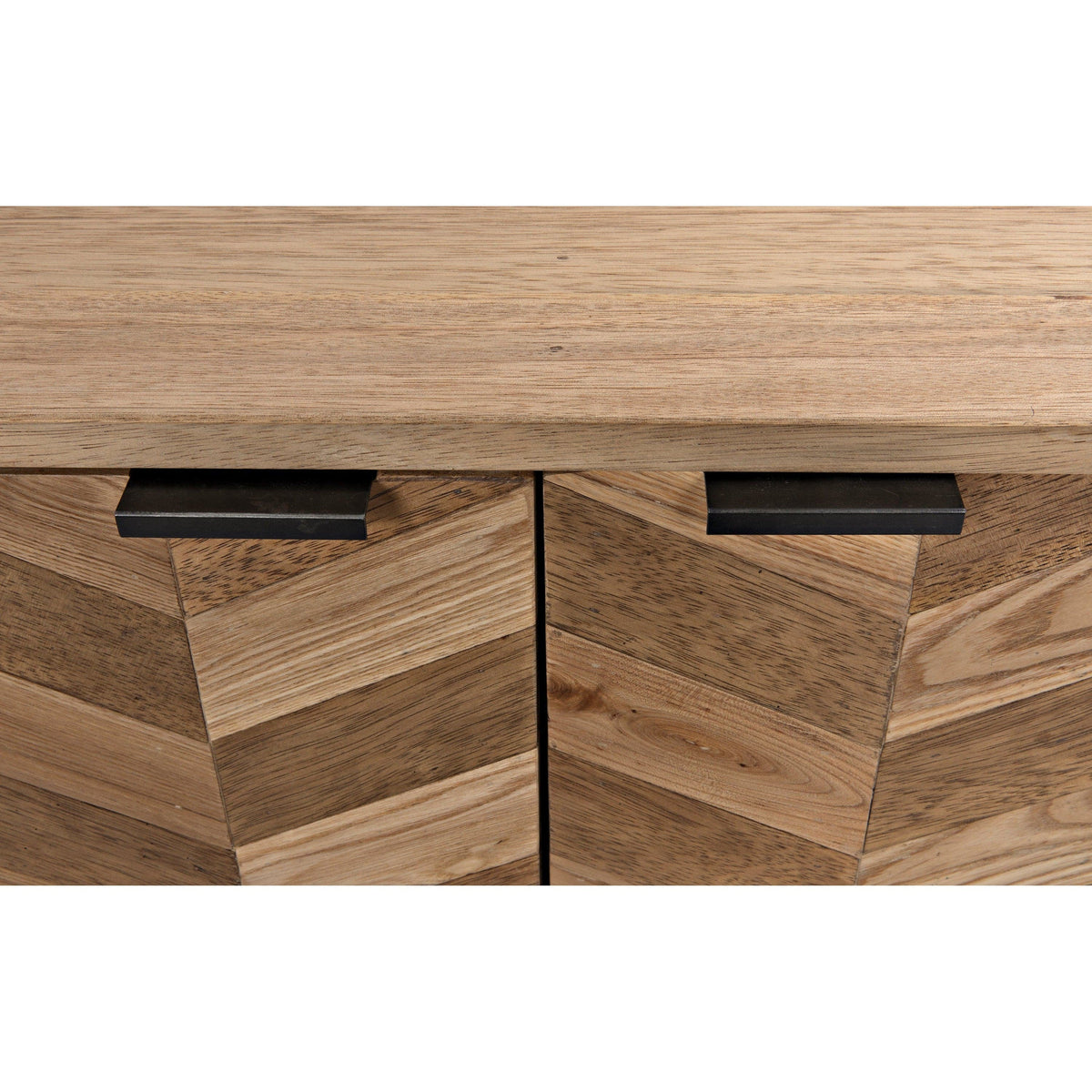 Walnut herringbone sideboard with contrasting washed and dark wood strips, black metal handles.