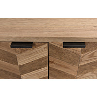Walnut herringbone sideboard with contrasting washed and dark wood strips, black metal handles.