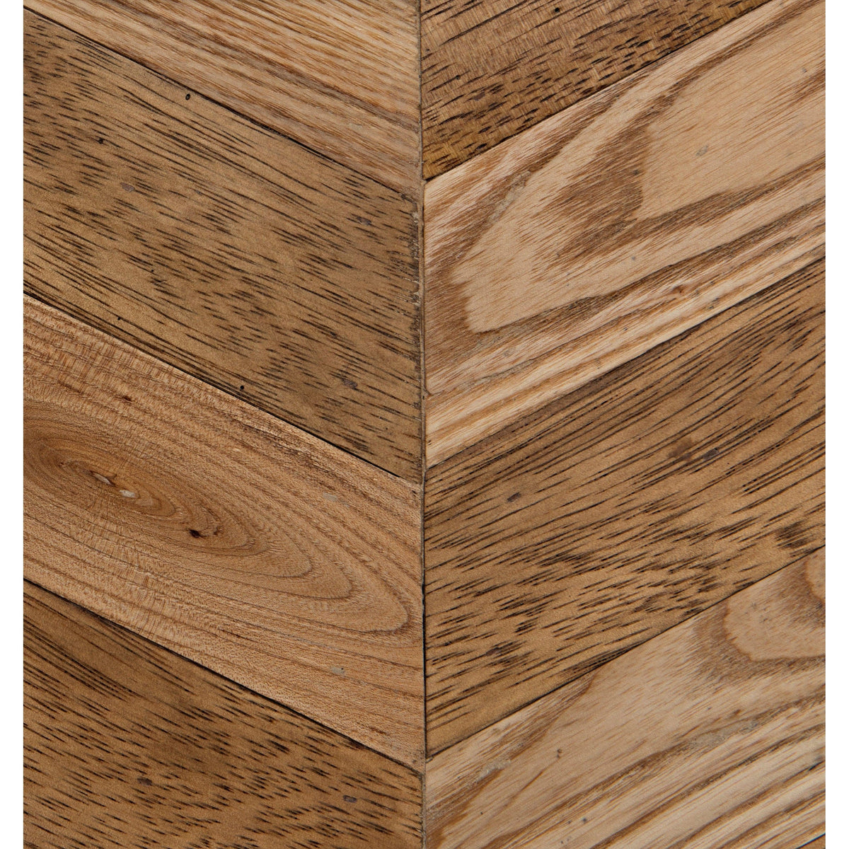Close-up of a herringbone sideboard with contrasting washed and dark walnut wood strips.