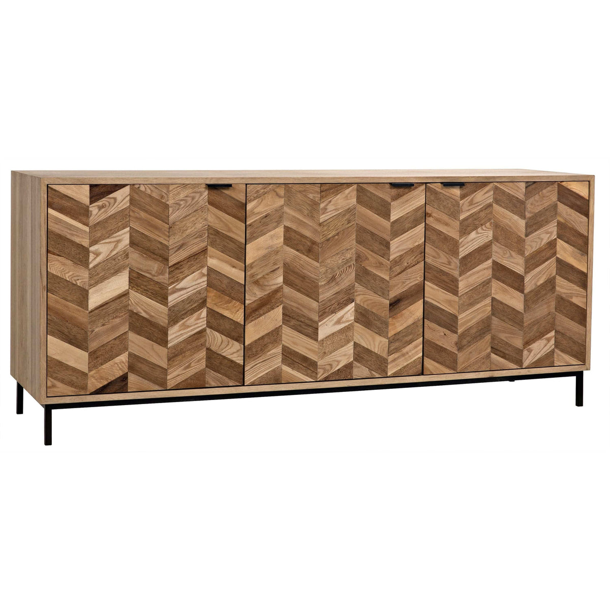 Herringbone sideboard with contrasting washed and dark walnut strips, three cupboards, and a metal base.