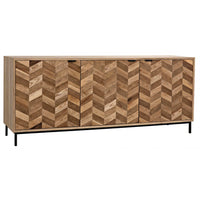 Herringbone sideboard with contrasting washed and dark walnut strips, three cupboards, and a metal base.