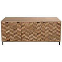 Walnut herringbone sideboard with three cupboards and a metal base.