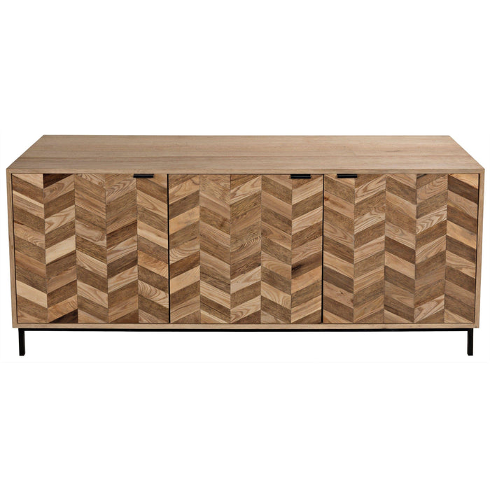 Walnut herringbone sideboard with three cupboards and a metal base.