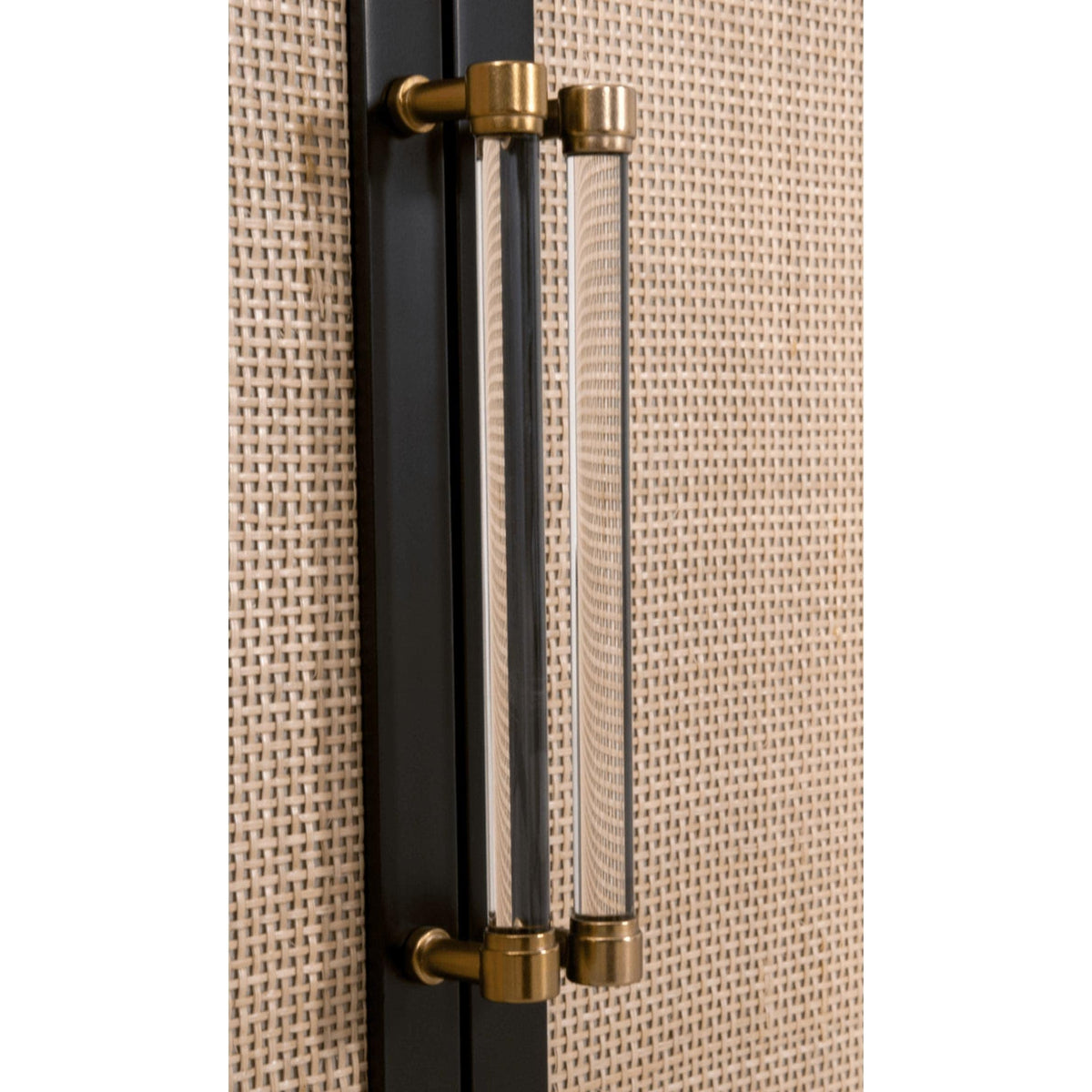 Hiland Black & Natural Rattan Media Chest with clear handles and brushed brass ends.