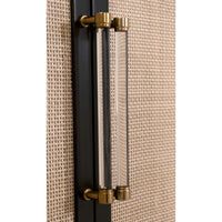 Hiland Black & Natural Rattan Media Chest with clear handles and brushed brass ends.