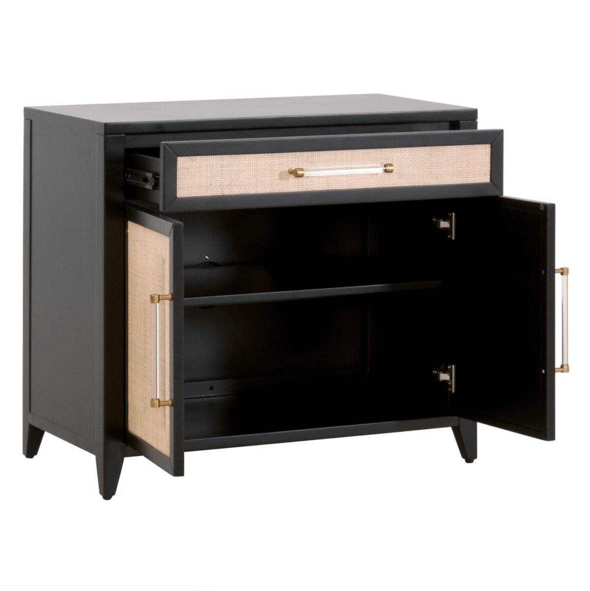 Hiland Black & Natural Rattan Media Chest with open drawer and doors, clear brass-end handles.