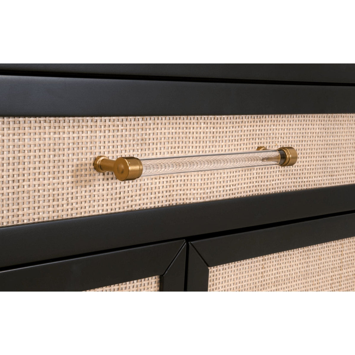 Hiland Black & Natural Rattan Media Chest with clear handles and brushed brass ends.