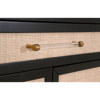 Hiland Black & Natural Rattan Media Chest with clear handles and brushed brass ends.