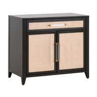 Hiland Black & Natural Rattan Media Chest with clear and brass handles, a drawer, and two cabinet doors.